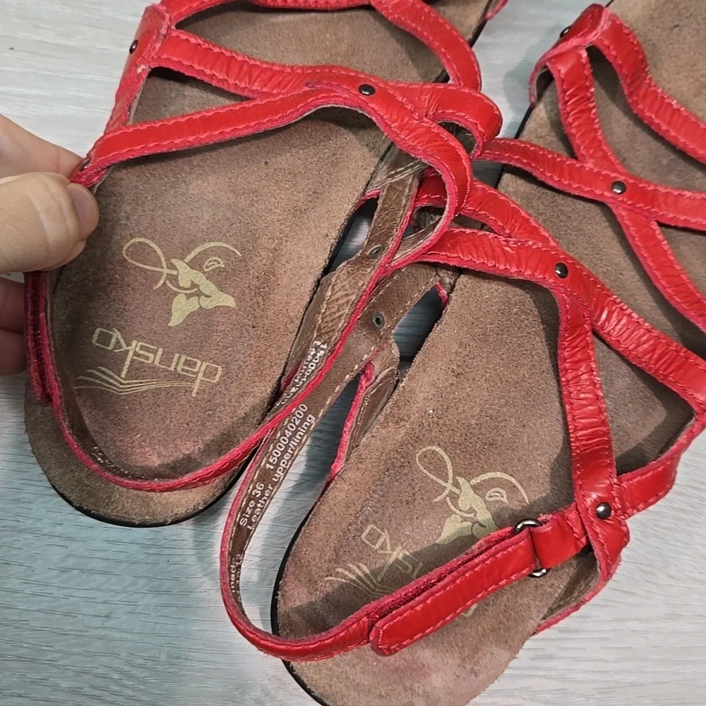 Dansko Women Jolie Red Strappy Leather Sandals Shoes Sz 36/6-6.5